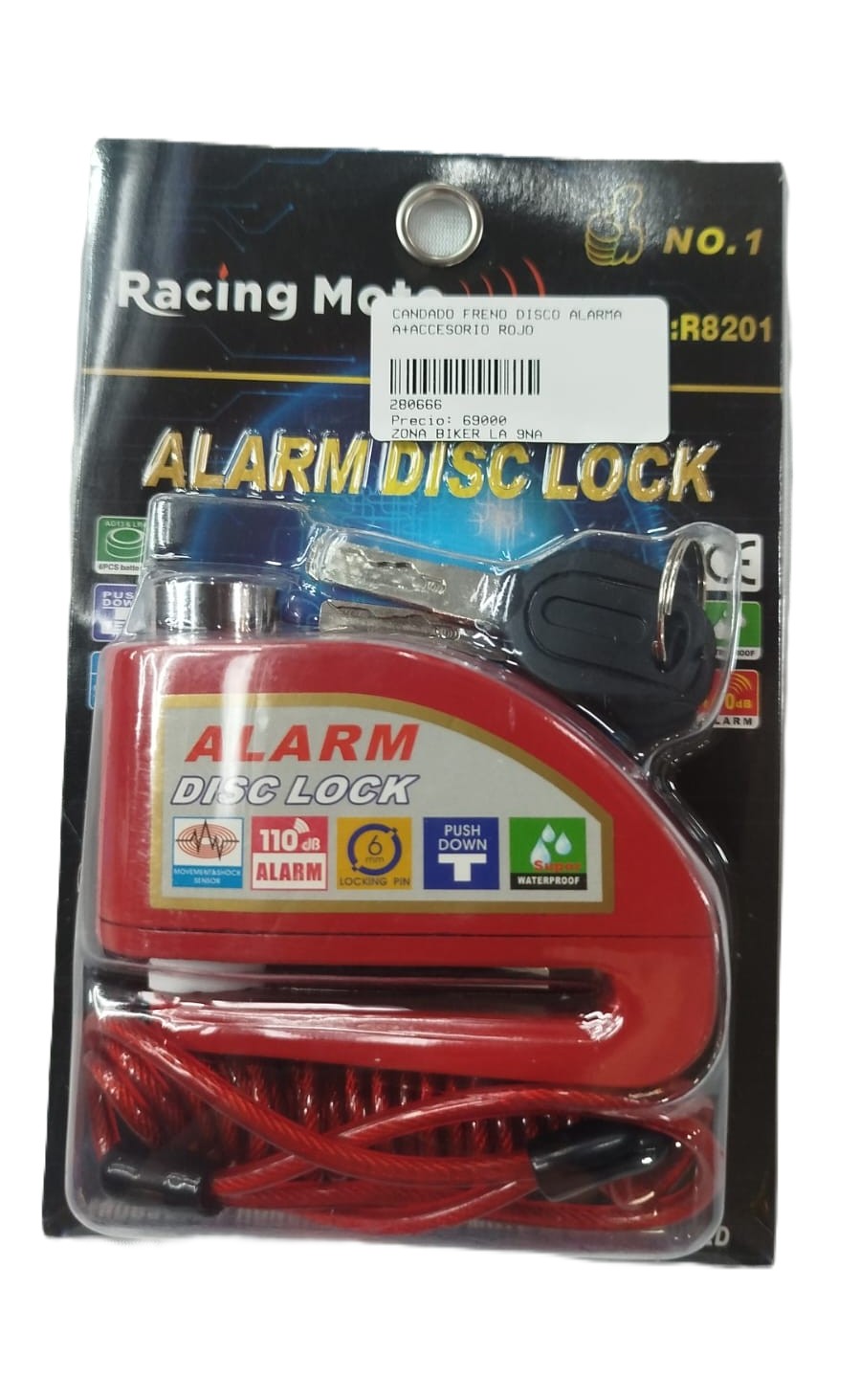 Candado Freno Disco Alarma+Accesorio Rojo